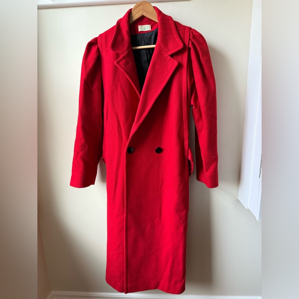 JILL JR Vintage Long Wool Blend Dressy Coat Red Puff Sleeve Classic Coquette M
